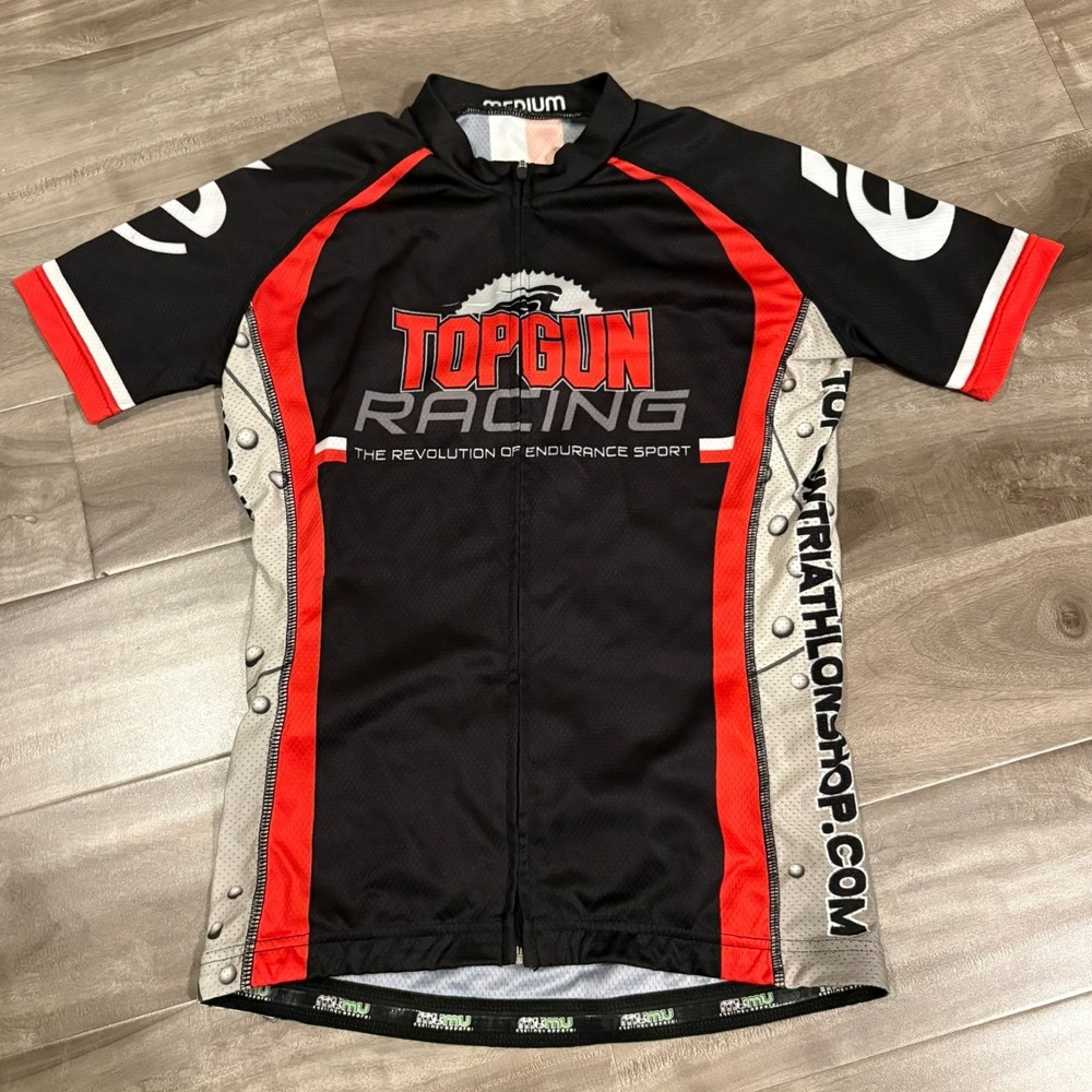 Mumu Top Gun Racing Cycling Jersey Mens Medium Black‎ Red Short Sleeve Triathlon